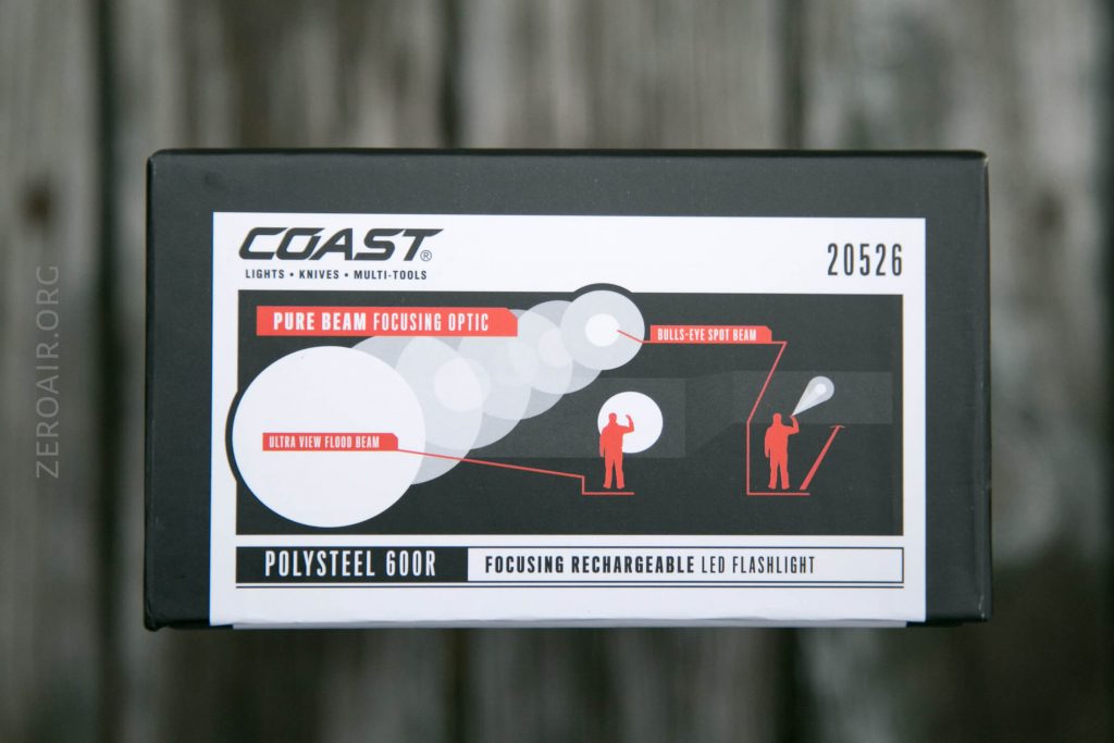 The image shows the packaging for a Coast Polysteel 600R focusing rechargeable LED flashlight, highlighting its pure beam focusing optic with diagrams of flood and spot beams. Model number 20526 is visible.