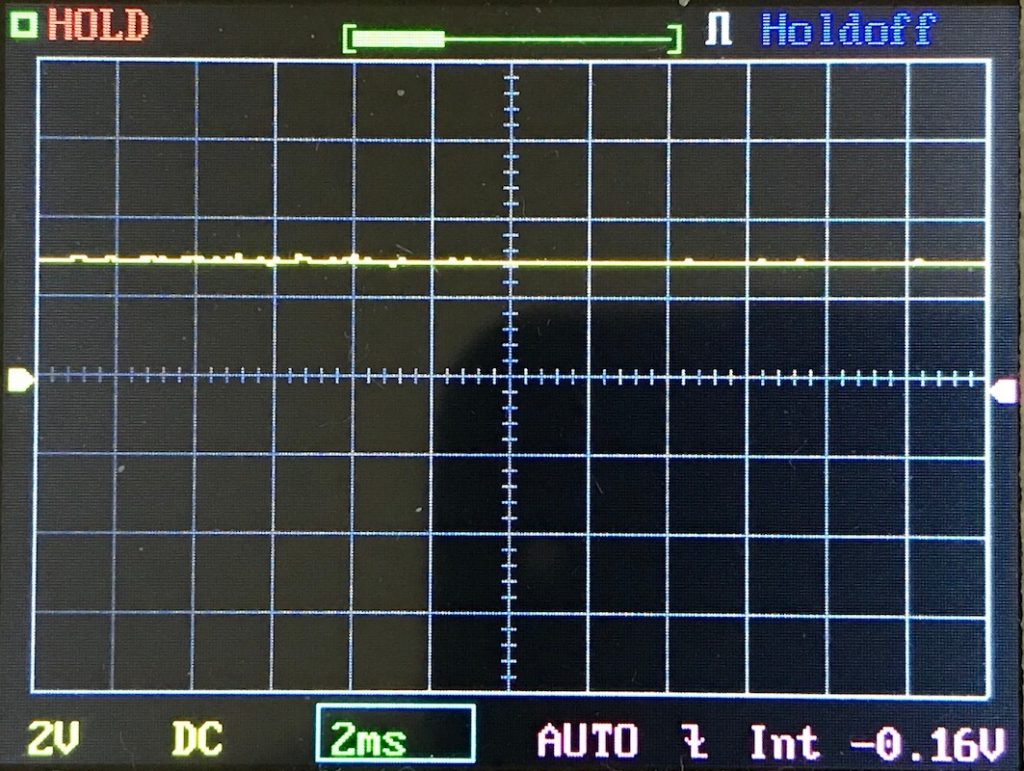 Oscilloscope screen displaying a mostly flat yellow waveform along the horizontal axis, grid lines, and measurement settings including 2V, 2ms, DC, AUTO, and a reading of -0.16V.