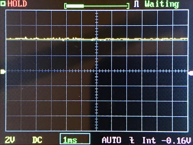 Oscilloscope screen displaying a mostly flat yellow waveform near zero volts, with small fluctuations. The time base is set to 1 ms per division and vertical scale to 2V per division. The status indicator reads “Waiting.”