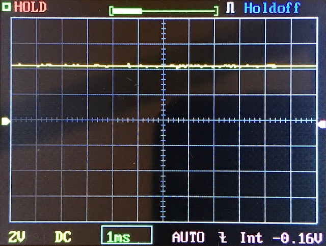An oscilloscope screen displays a yellow waveform close to zero with minimal fluctuation. The grid is marked with horizontal and vertical lines. Settings at the bottom show 2V, DC, 1ms, AUTO, and -0.16V.