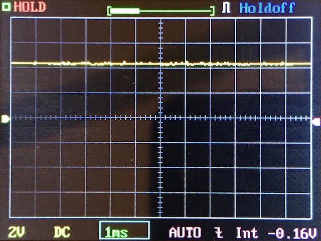 A digital oscilloscope screen displays a mostly flat yellow waveform, indicating little or no signal variation. The settings read 2V, DC, 1ms, AUTO, Int, and -0.16V, with HOLD and Holdoff highlighted at the top.