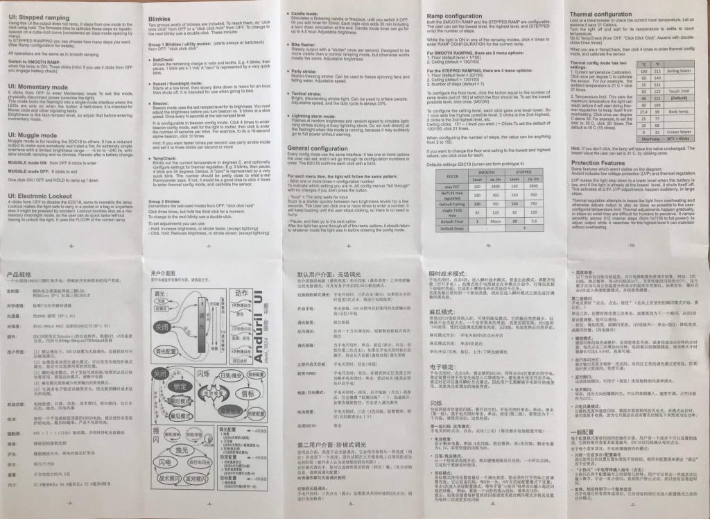 Instruction manual with text in English and Chinese, several tables, and a diagram of a flashlight showing labeled parts and buttons. The document describes modes, configurations, safety features, and usage instructions.