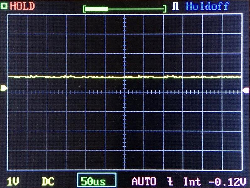 An oscilloscope screen shows a mostly flat yellow line near zero, indicating low signal activity. Horizontal scale is 50 microseconds per division, vertical scale is 1 volt per division, and the measured voltage is -0.12V.