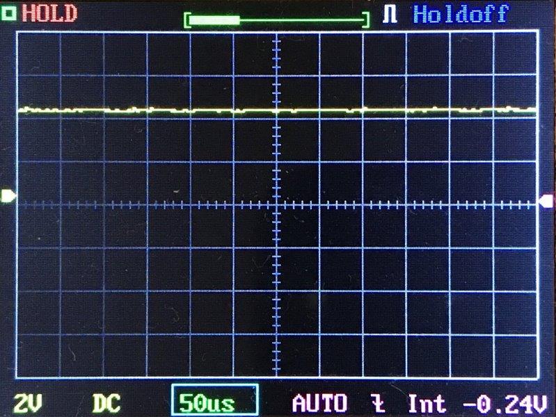 Oscilloscope screen displaying a mostly flat yellow waveform near the center, minimal signal fluctuation, with axes marked and controls indicating 2V, DC, 50µs, and a measured value of -0.24V at the bottom.