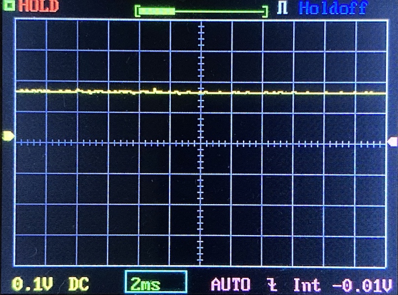 Oscilloscope screen displaying a mostly flat yellow waveform near the zero line, grid background, and measurement settings below showing 0.1V per division vertically and 2ms per division horizontally.
