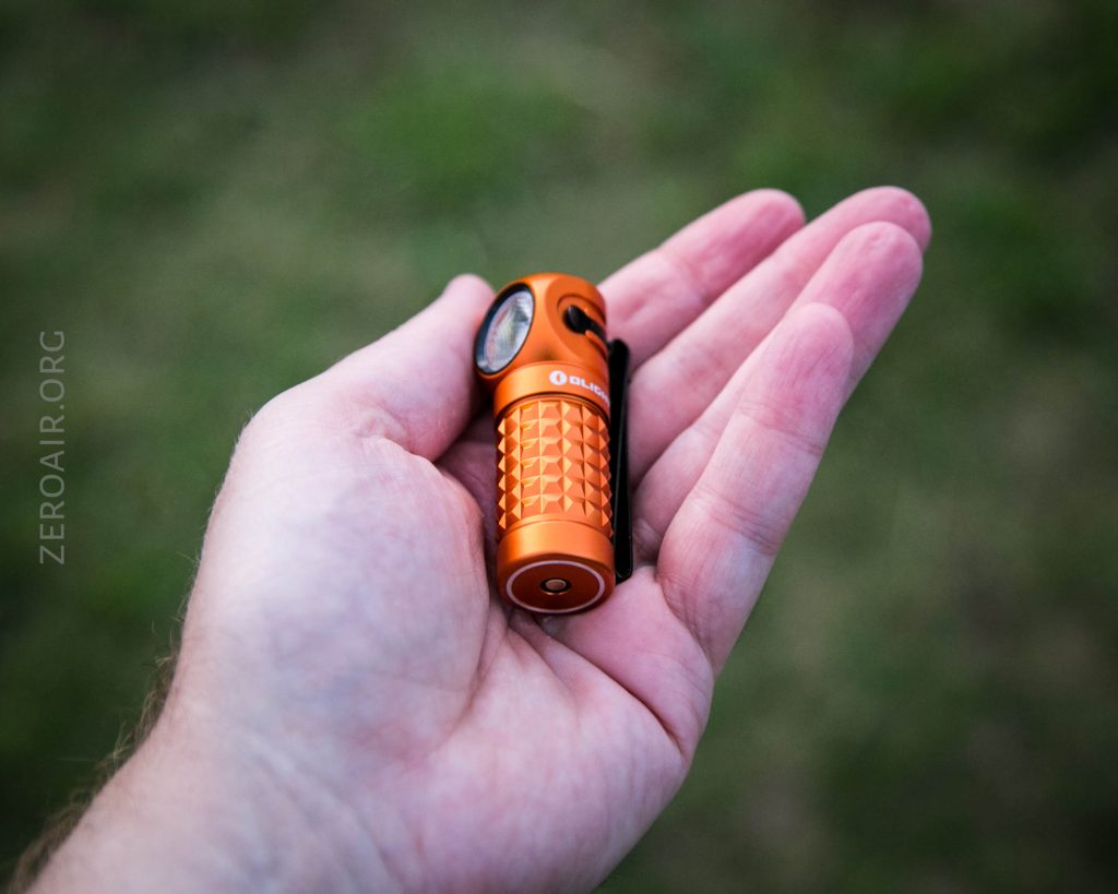 A person holds a small, orange flashlight in the palm of their hand, with a grassy background visible out of focus. The flashlight has a textured grip and a clip attached.