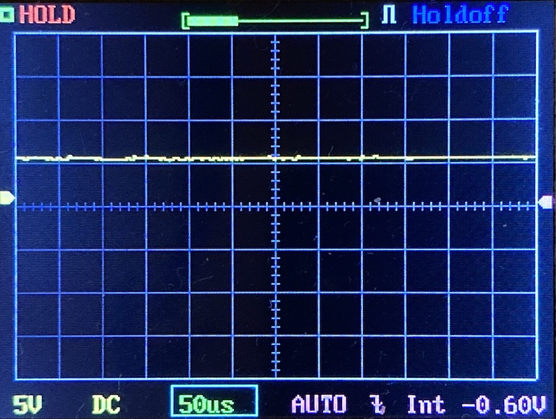 A digital oscilloscope screen displays a mostly flat yellow waveform along the center grid, with settings showing 5V, DC, 50 microseconds per division, and an intensity of -0.60V. Holdoff and HOLD are indicated.