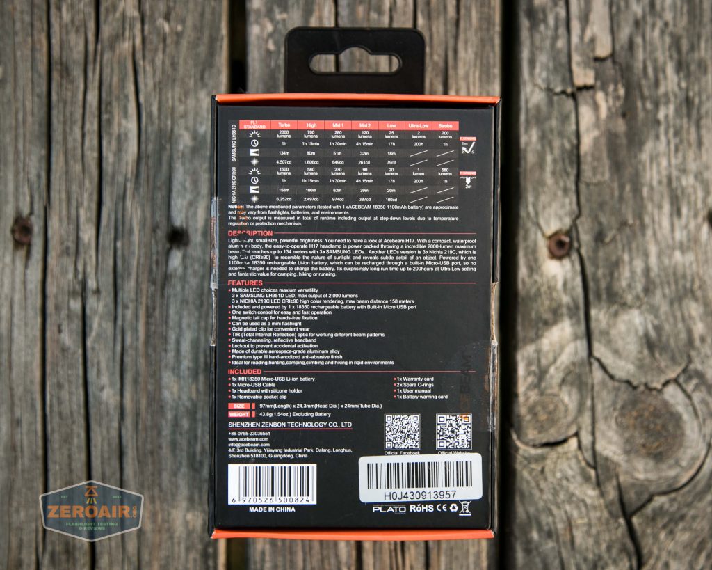 acebeam h17 nichia 18350 box back