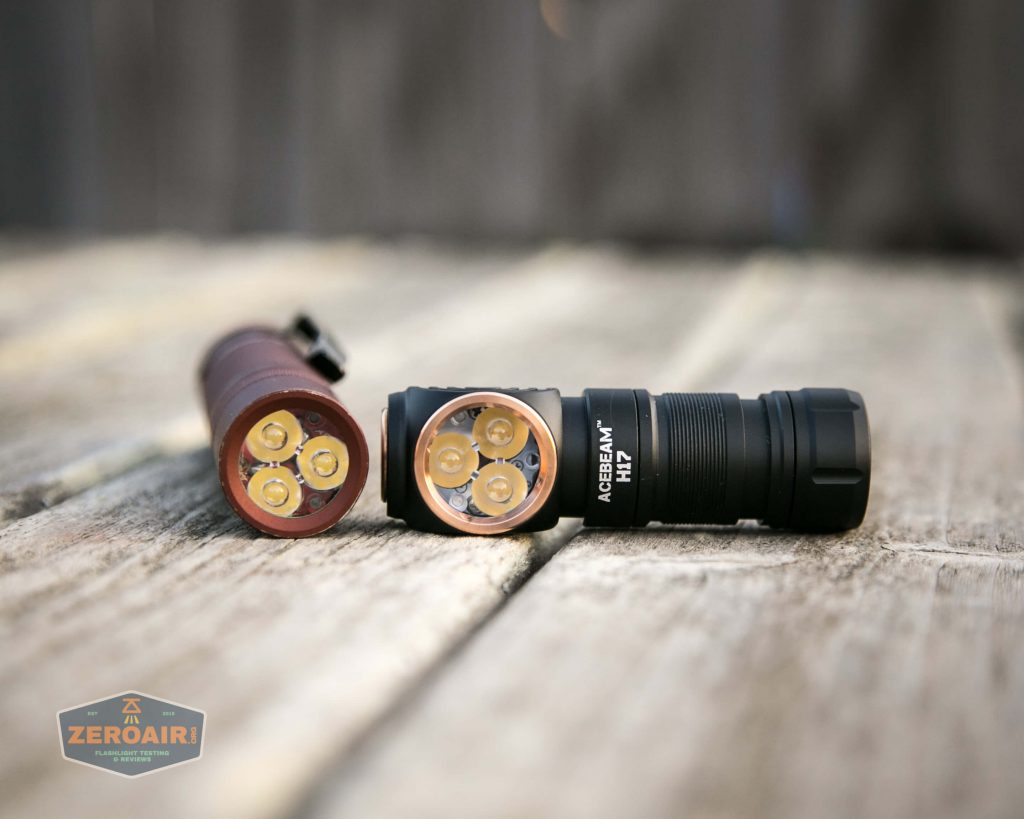 acebeam h17 nichia 18350 beside convoy s2+ emitter shot