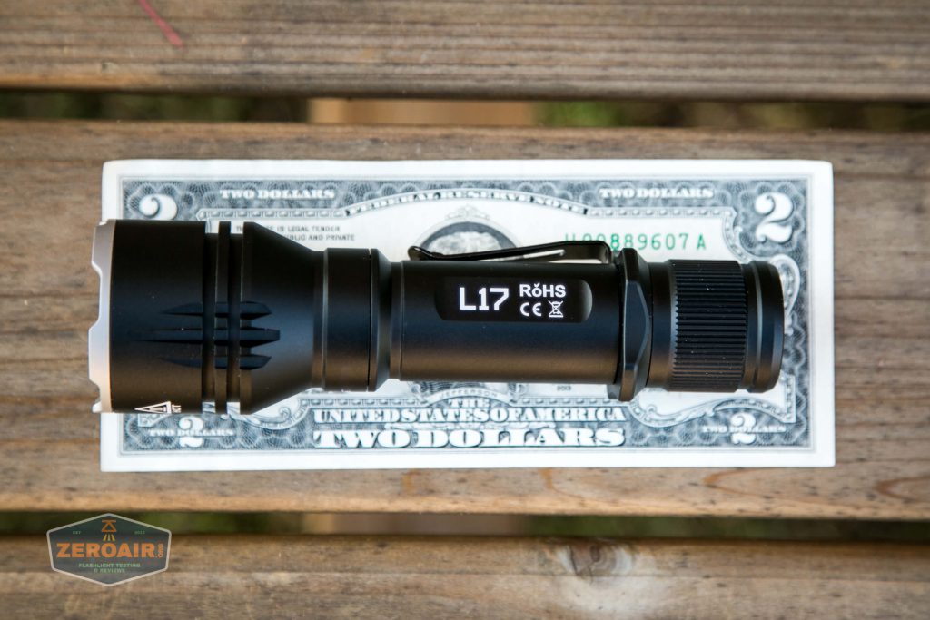 acebeam l17 osram white 18650 thrower on two dollar bill