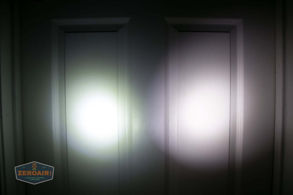 Two distinct white flashlight beams are projected onto a closed white door, showing different brightness and focus. A small “ZeroAir” logo appears in the lower left corner of the image.
