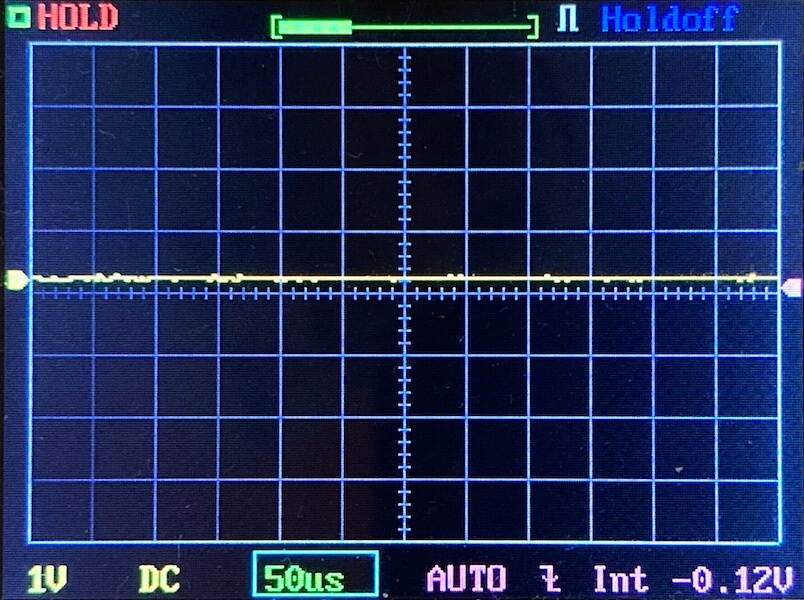 A digital oscilloscope screen displays a flat yellow waveform centered on the horizontal axis, indicating no significant signal. The settings show 1V/div, DC, 50 microseconds/div, and an average voltage of -0.12V.
