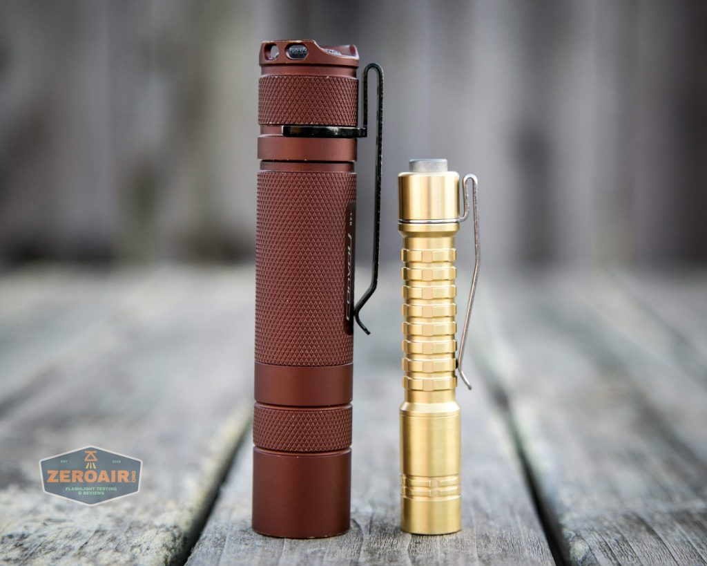 reylight pineapple mini brass nichia 219b beside convoy s2+