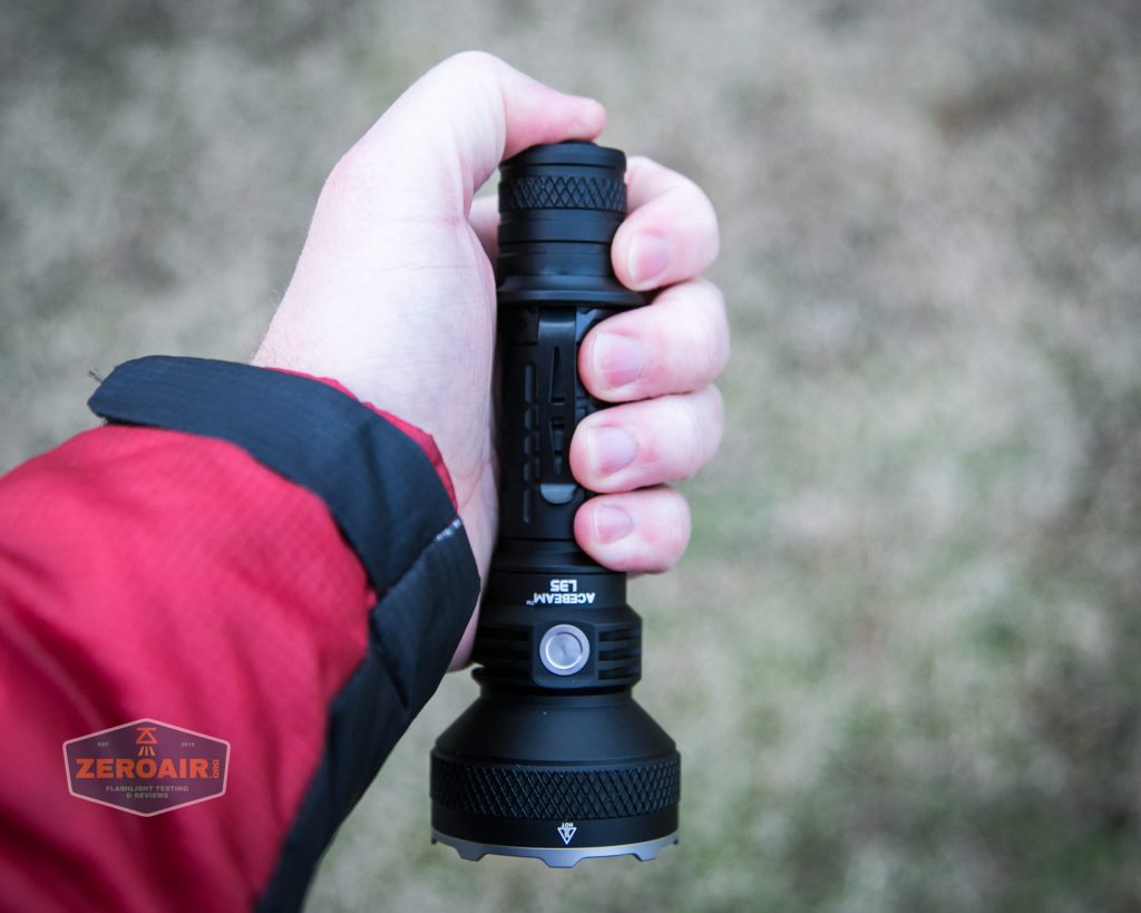 Acebeam L35 brightest tactical flashlight in hand