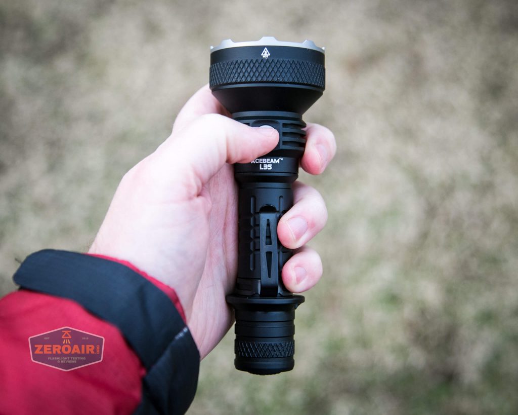 Acebeam L35 brightest tactical flashlight in hand