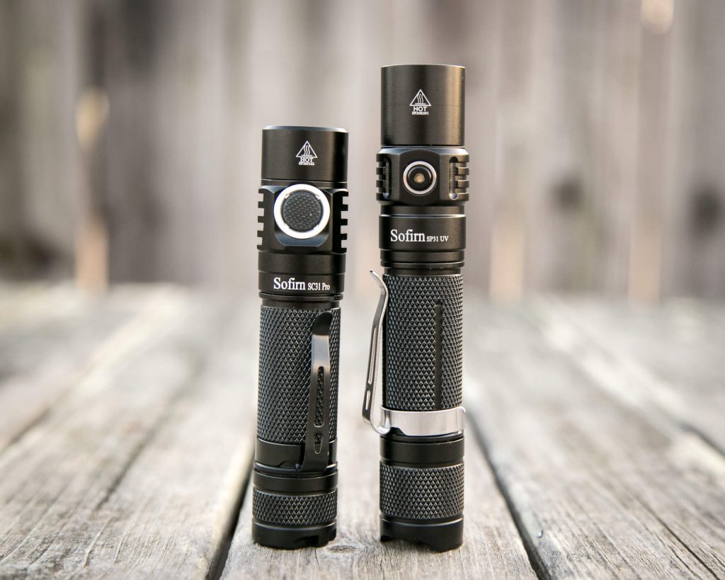 sofirn sp31uv ultraviolet 18650 flashlight beside sofirn sc31 pro