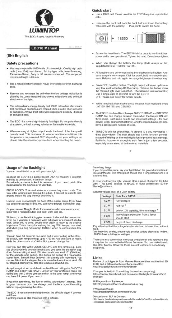 A user manual page for the Lumintop EDC18 flashlight, including safety precautions, quick start instructions, operating modes, specifications, and company contact information in black text on a white background.