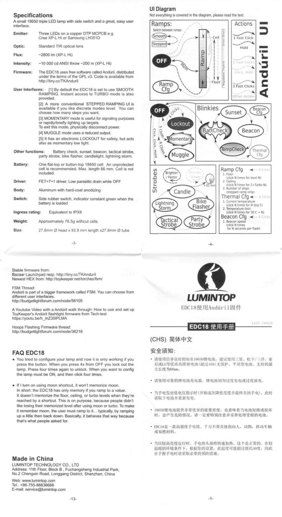 A black-and-white instruction manual page for the Lumintop EDC18 flashlight, featuring specifications, a UI diagram, FAQs, warranty info, and manufacturer details in both English and Chinese.