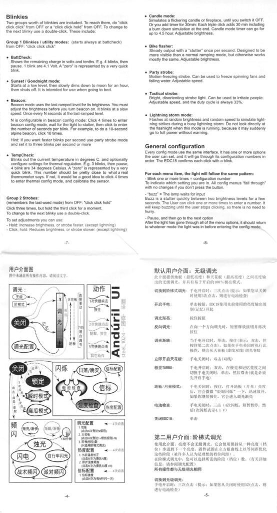 A printed manual page features instructions in English and Chinese for configuring various modes and settings of an electronic device. Diagrams illustrate button functions and operational steps. Text is organized in sections and columns.