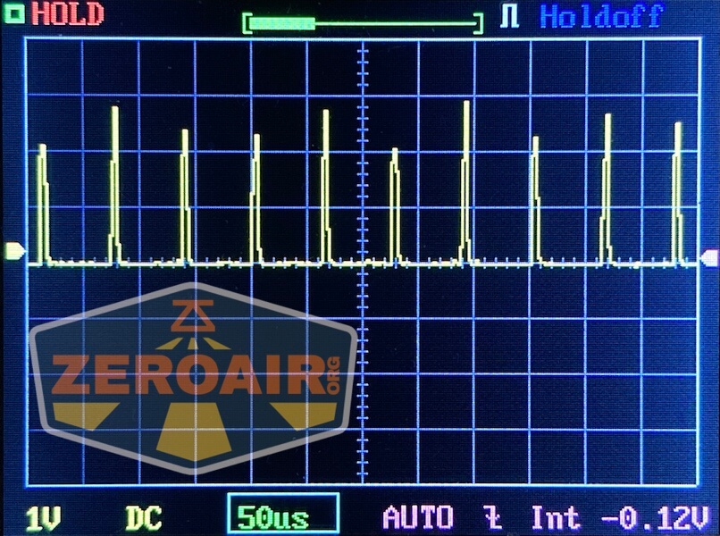 Yellow waveform pulses are displayed on an oscilloscope screen with measurement settings at the bottom. The screen includes the ZeroAir.org logo in the lower left corner.