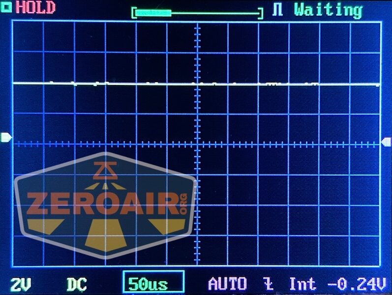 A digital oscilloscope screen shows a mostly flat horizontal line near zero, with grid lines and measurement markers. The display reads “HOLD” and “Waiting.” The logo ZEROAIR is in the lower left corner.