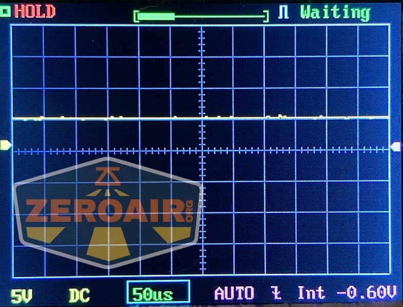 A digital oscilloscope screen displays a mostly flat horizontal trace, indicating a steady signal near zero volts. The screen shows settings of 5V/div, 50μs/div, DC coupling, and a trigger level of -0.60V.