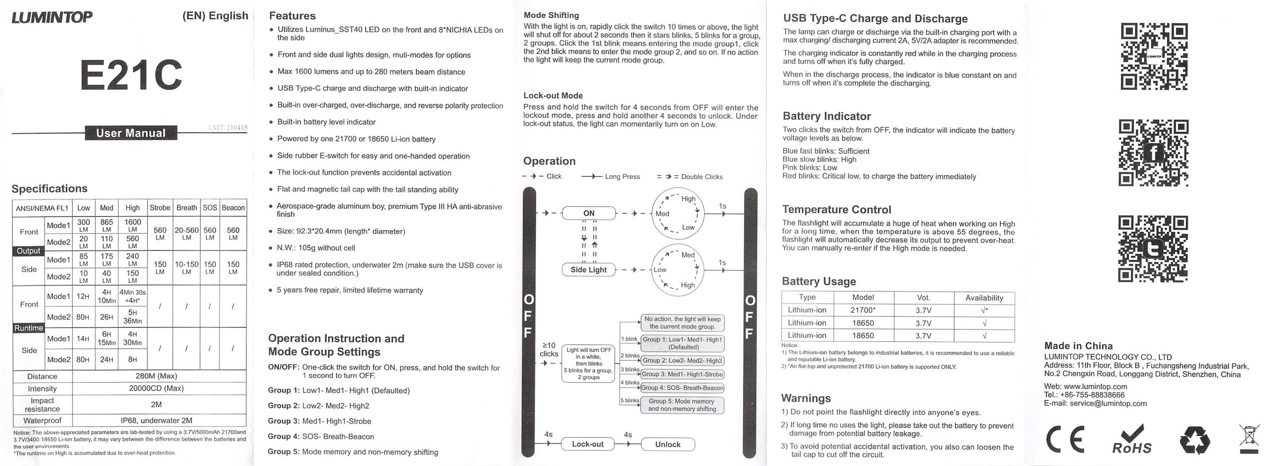 Lumintop E21C Flashlight manual