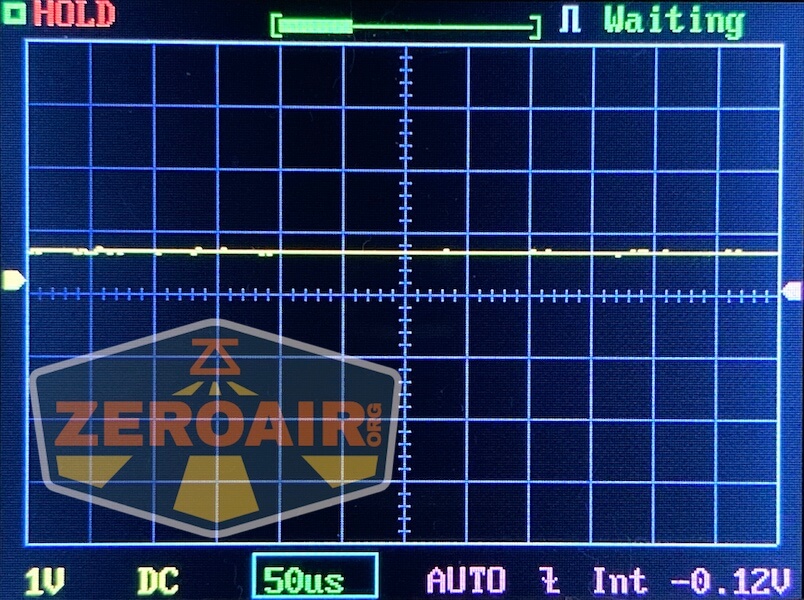 An oscilloscope display shows a flat, mostly horizontal yellow signal line with HOLD in red at the top left, Waiting in green at the top right, and ZEROAIR.org logo partially visible at the bottom left.
