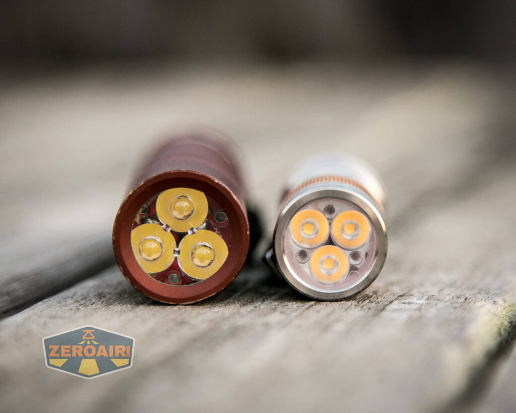 Lumintop FWAA TiCU 14500 flashlight beside convoy s2+