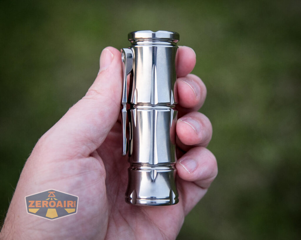 WWLZ Bamboo Small 18350 flashlight in hand