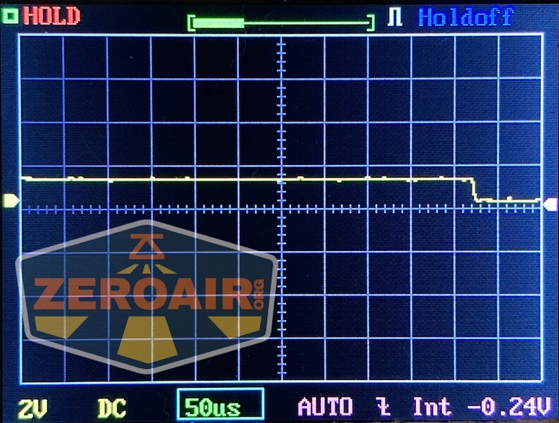 A digital oscilloscope screen shows a yellow waveform with a mostly steady signal and a drop towards the right. The display includes gridlines, labels, the ZeroAir logo partially covering the lower left, and a WWLZ Bamboo Small device nearby.
