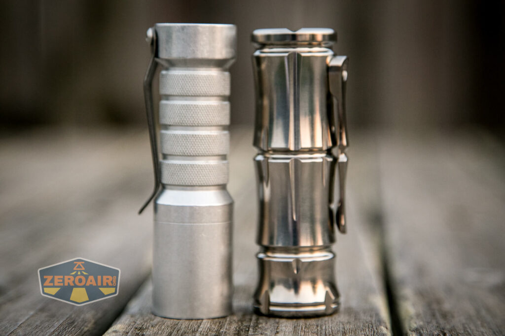 WWLZ Bamboo Small 18350 flashlight beside okluma dc1 aluminum