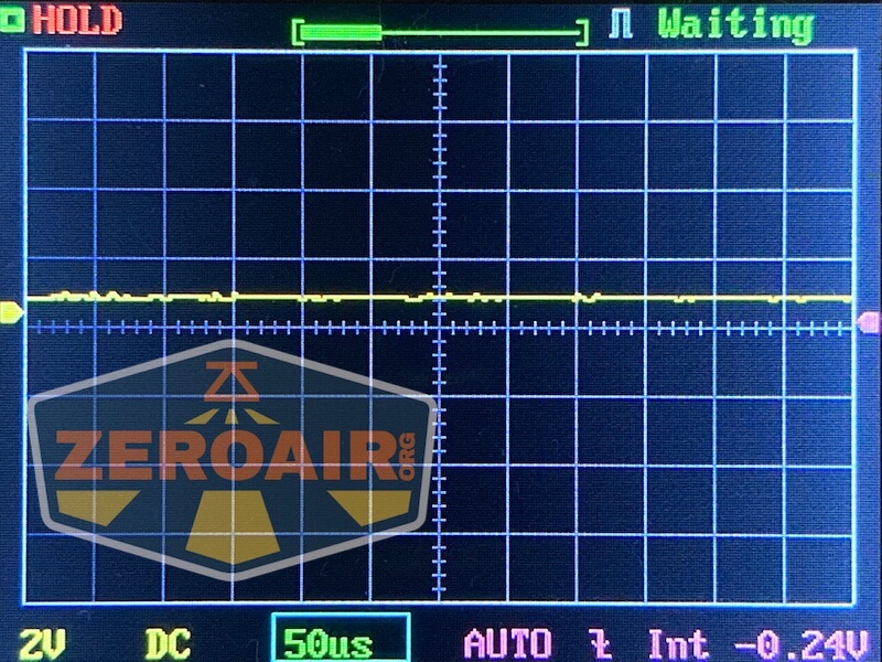 Oscilloscope screen displays a mostly flat yellow waveform near zero, indicating little to no signal. The screen shows Waiting status, with the brand watermark “ZEROAIR.org” partially visible on the left.