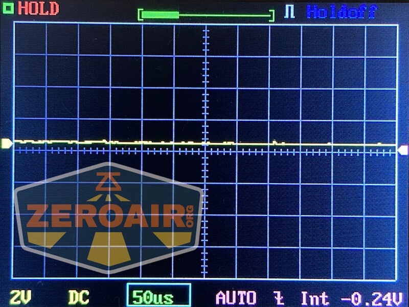 Oscilloscope screen shows a mostly flat yellow signal trace near the 0V line. The display includes a HOLD indicator in red, grid lines, and a large ZEROAIR.org watermark in the bottom left corner.