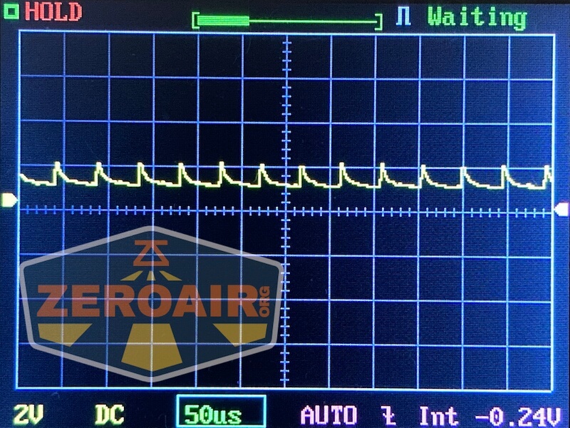 A digital oscilloscope screen displays a yellow repeating waveform pattern on a blue grid. The word Waiting is shown at the top right. The ZeroAir logo is partially visible in the lower left corner.