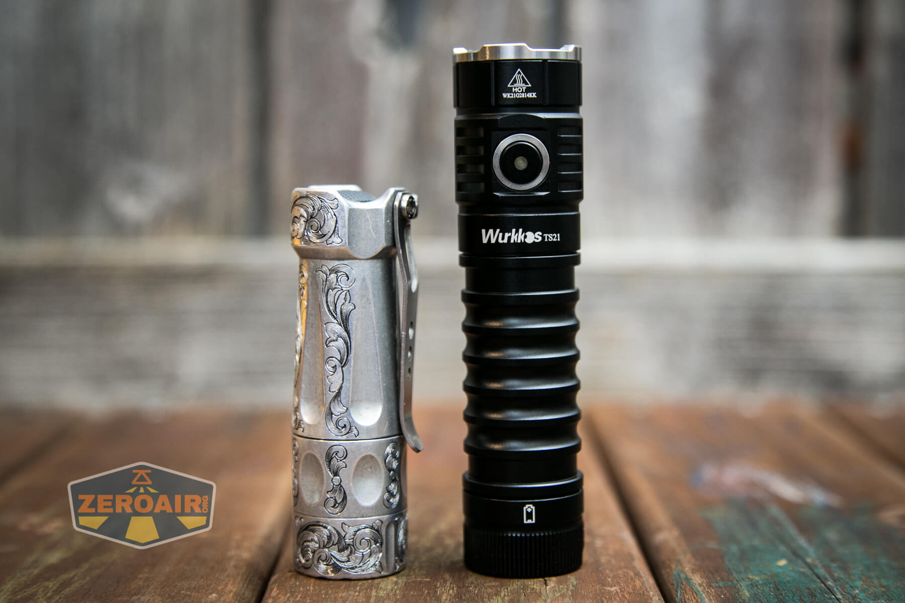 Wurkkos TS21 Anduril Flashlight beside the TorchLAB BOSS 35 (custom-engraved)