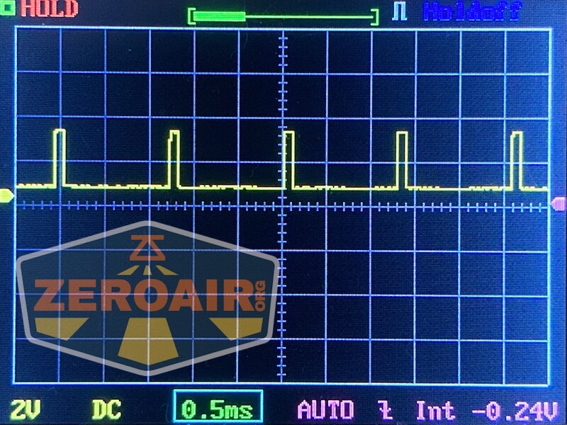 An oscilloscope screen displays a repeating pulse waveform. The horizontal axis shows 0.5 ms increments, and the vertical axis is set to 2V per division. The lower left features a semi-transparent ZeroAir.com logo.