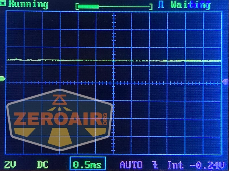 Oscilloscope display showing a mostly flat horizontal line near the center, with Running and Waiting indicators at the top, and measurement settings at the bottom. ZeroAir.org logo is overlaid on the lower left.