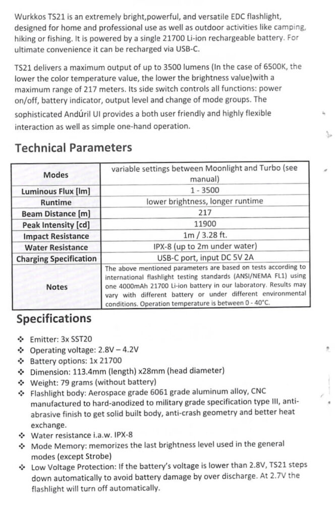 Wurkkos TS21 Andúril Flashlight manual
