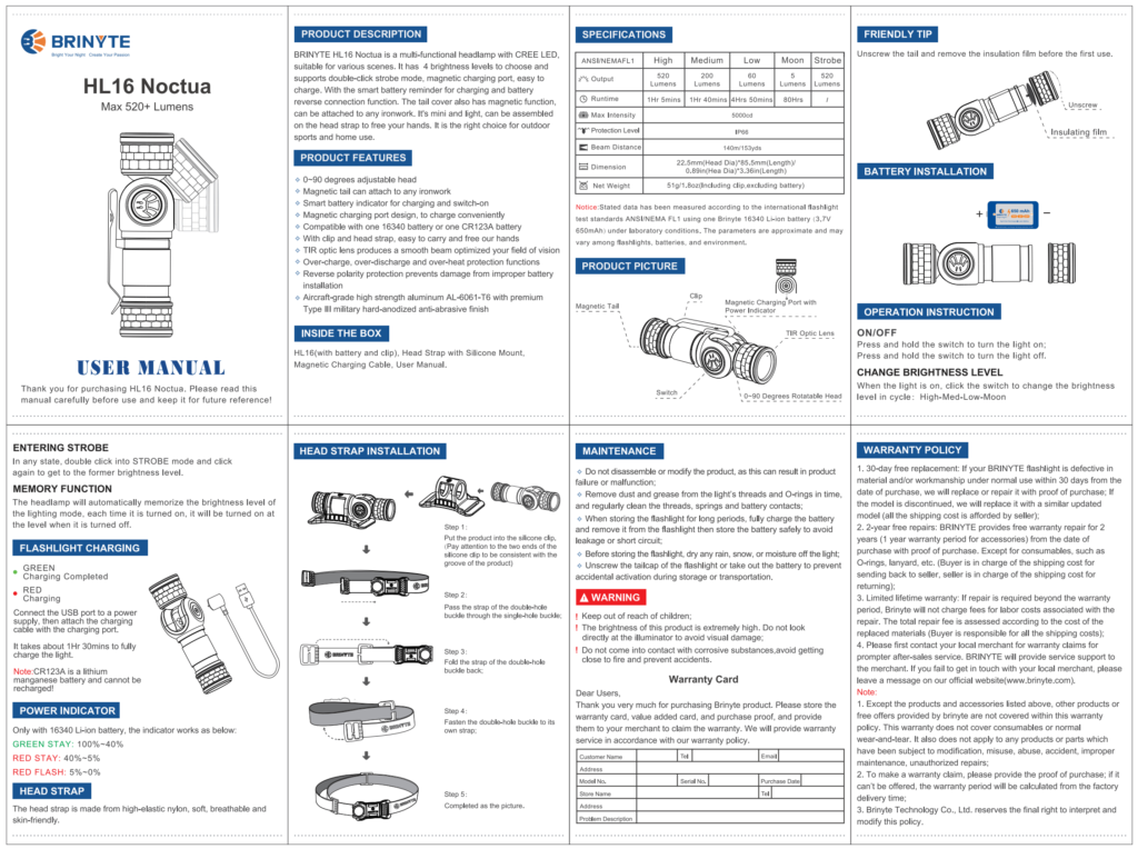 Brinyte HL16 Noctua Headlamp manual