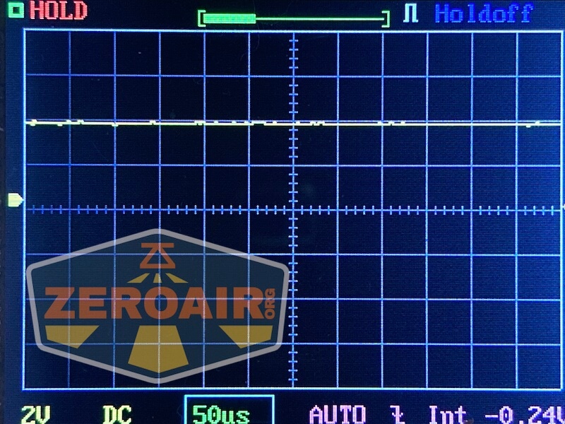 An oscilloscope screen displays a flat, horizontal yellow line near the center, indicating a steady signal. The grid is blue with white lines. HOLD is shown in red at the top left, and the ZeroAir.com logo is at the bottom left.
