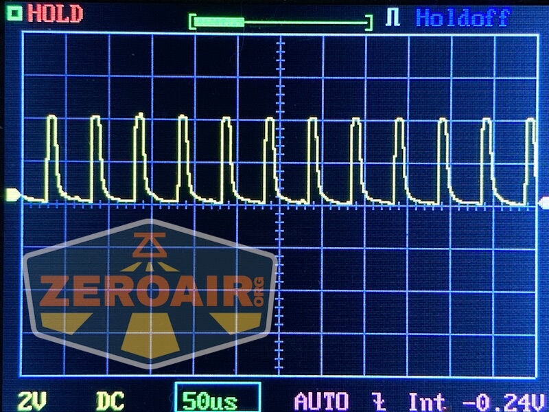 An oscilloscope screen showing a repeating pulse waveform pattern with sharp peaks and valleys. The display includes grid lines, measurement units, and the logo ZeroAir.org in the lower left corner.