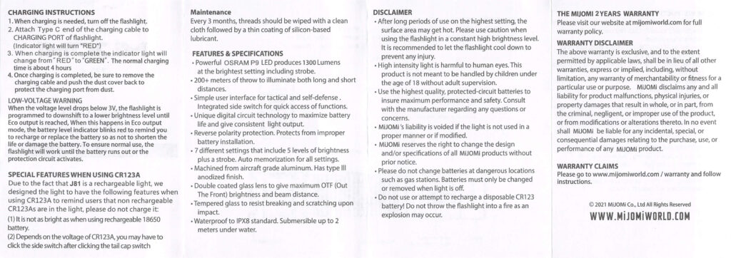 Mijomi J81 flashlight manual