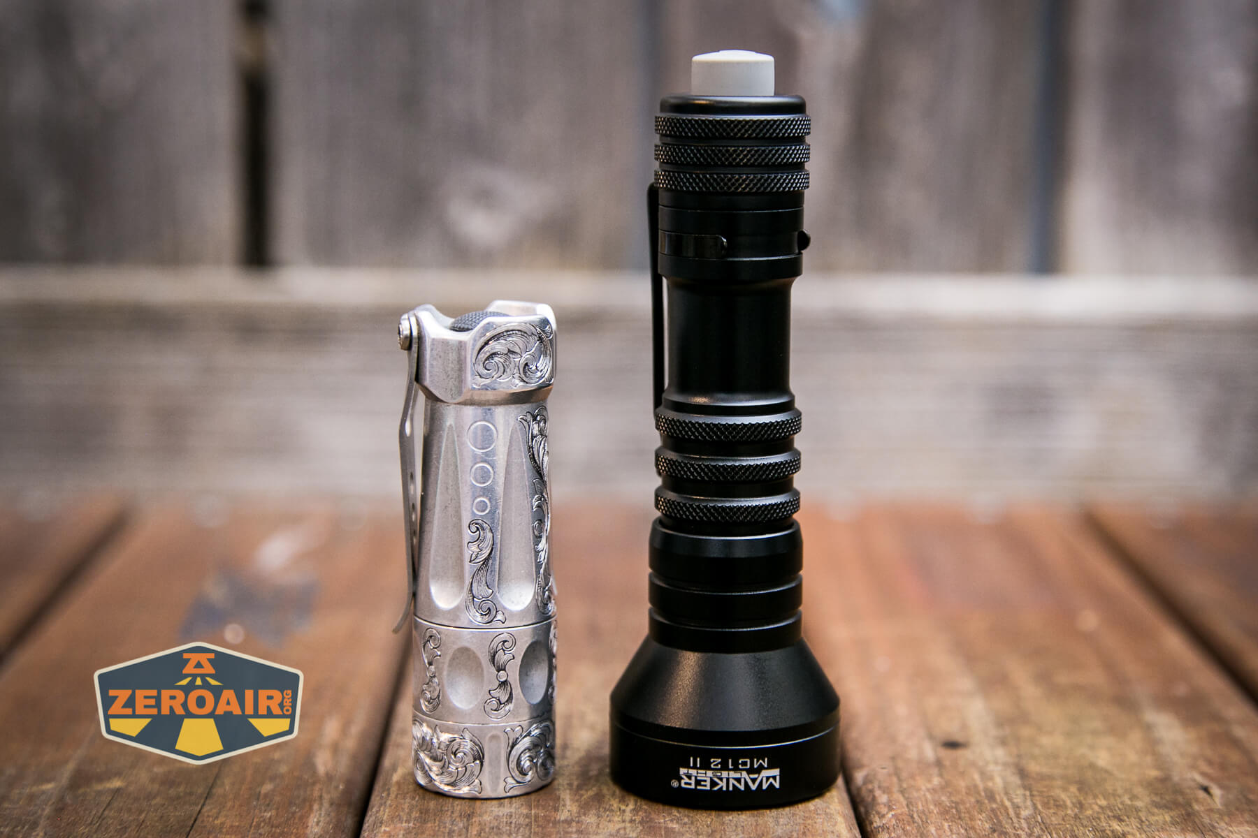 Manker MC12 II Tactical Flashlight beside the TorchLAB BOSS 35 (custom-engraved)