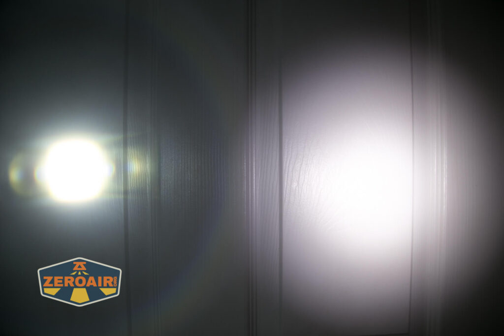 Brinyte HL28 Artemis headlamp beamshots on door compared to nichia 219b white zoomed