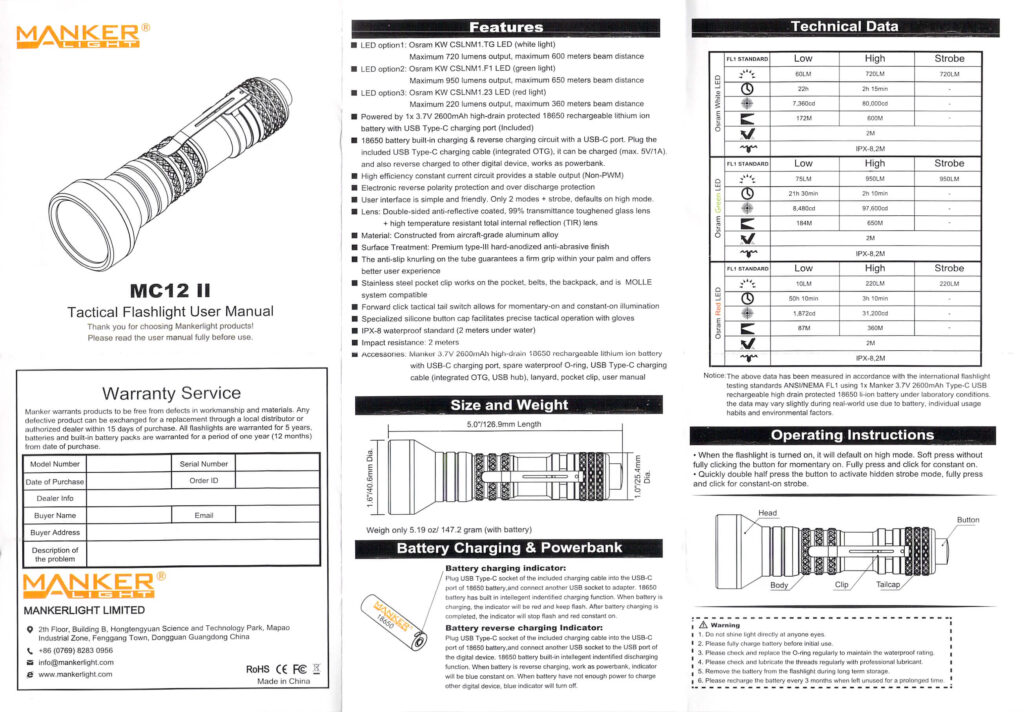 Manker MC12 II Tactical Flashlight manual