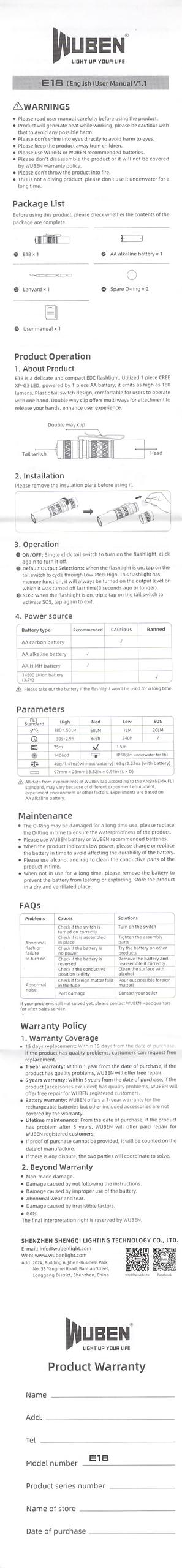 Wuben E18 flashlight manual