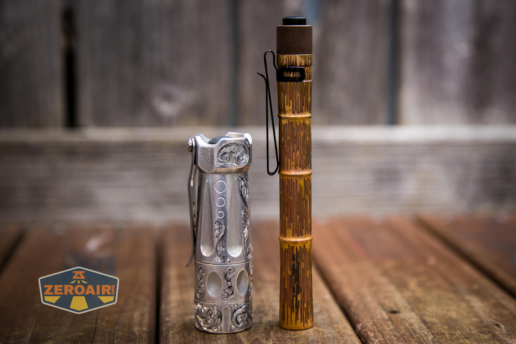Olight i3T Plus Ancient Bamboo flashlight beside torchlab boss 35