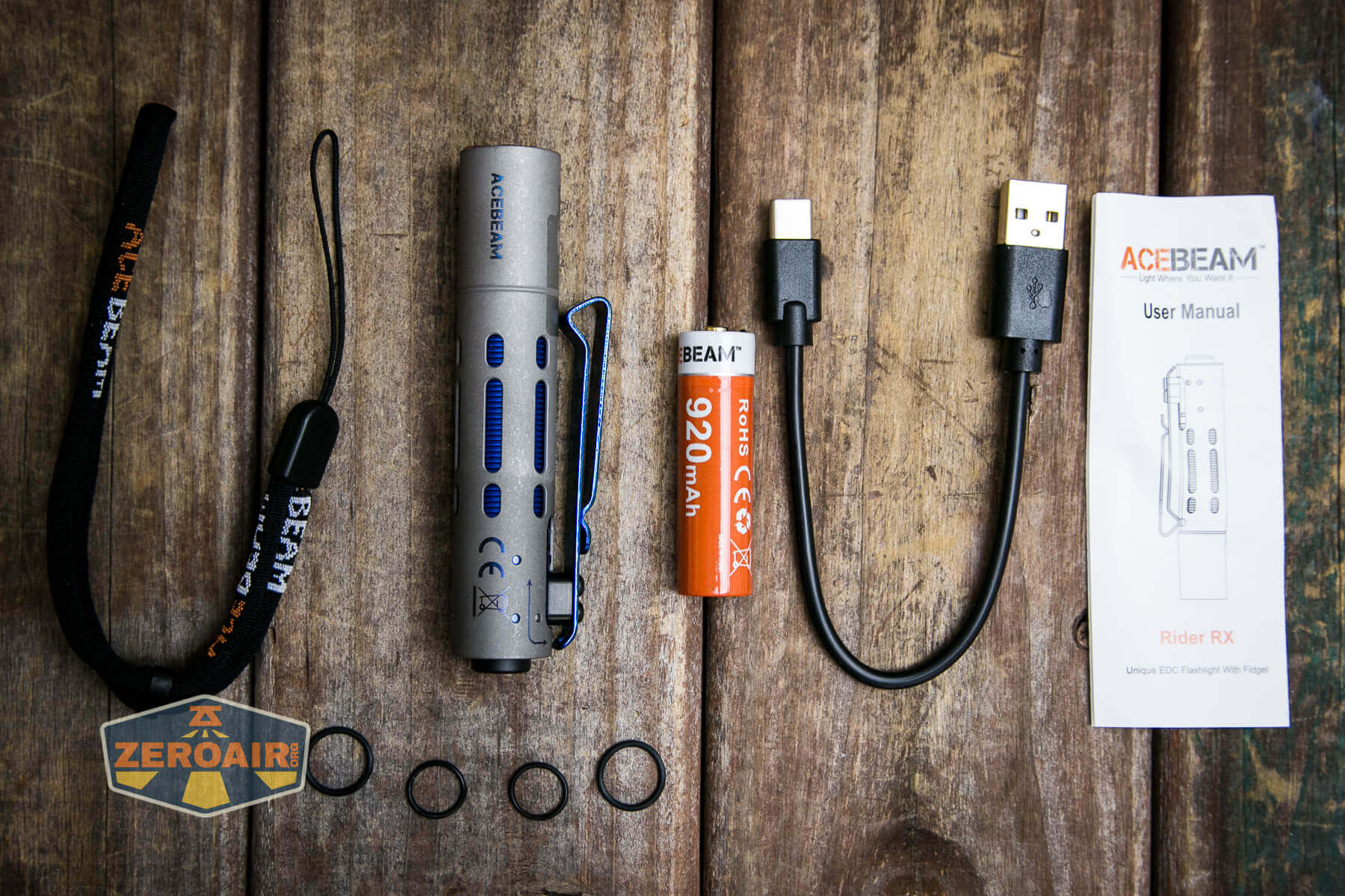 Acebeam Rider RX Titanium flashlight what's included