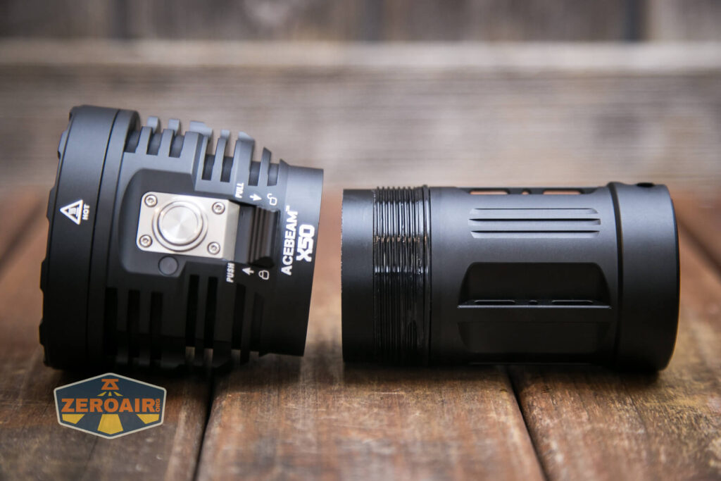 Acebeam X50 CRI flashlight showing threads on body